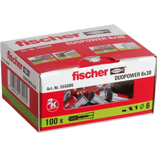 Fischer DUOPOWER Cheville En Bois 100 Pièce(s) Rond (Gris Clair/Rouge, Rond, 6 Mm, 4 Cm, 100 Pièce(s))